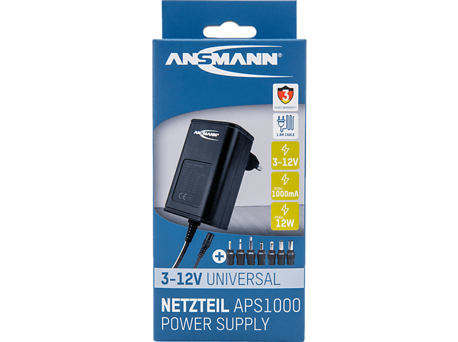 Pudełko uniwersalnego zasilacza z wieloma głowicami adapterów. Pudełko zawiera informacje techniczne i obraz produktu.