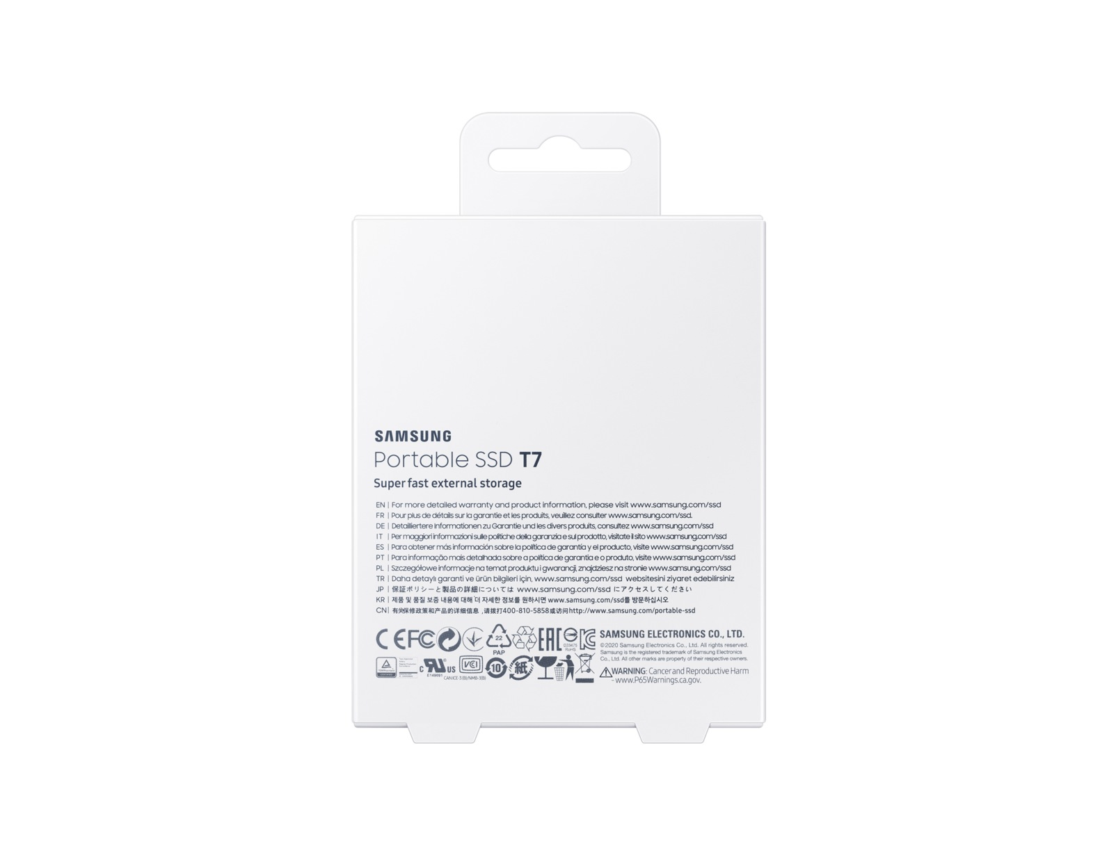 Scatola di archiviazione esterna Samsung bianca. Testo sulla scatola. Una linguetta per appenderla in alto.