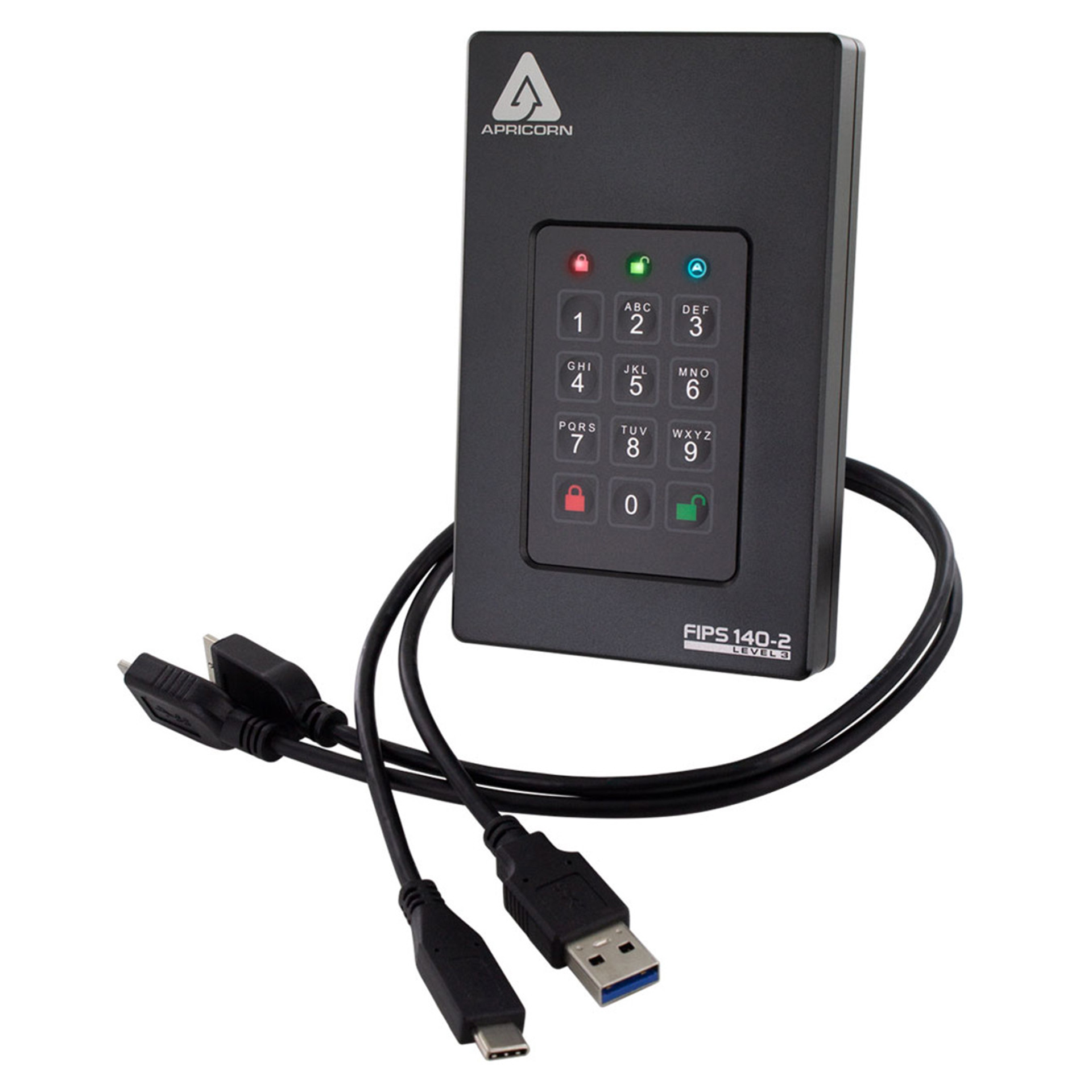 Zwarte Apricorn FIPS 140-2 keypad drive. Keypad, kabels en statuslampjes. USB- en USB-C-connectoren.