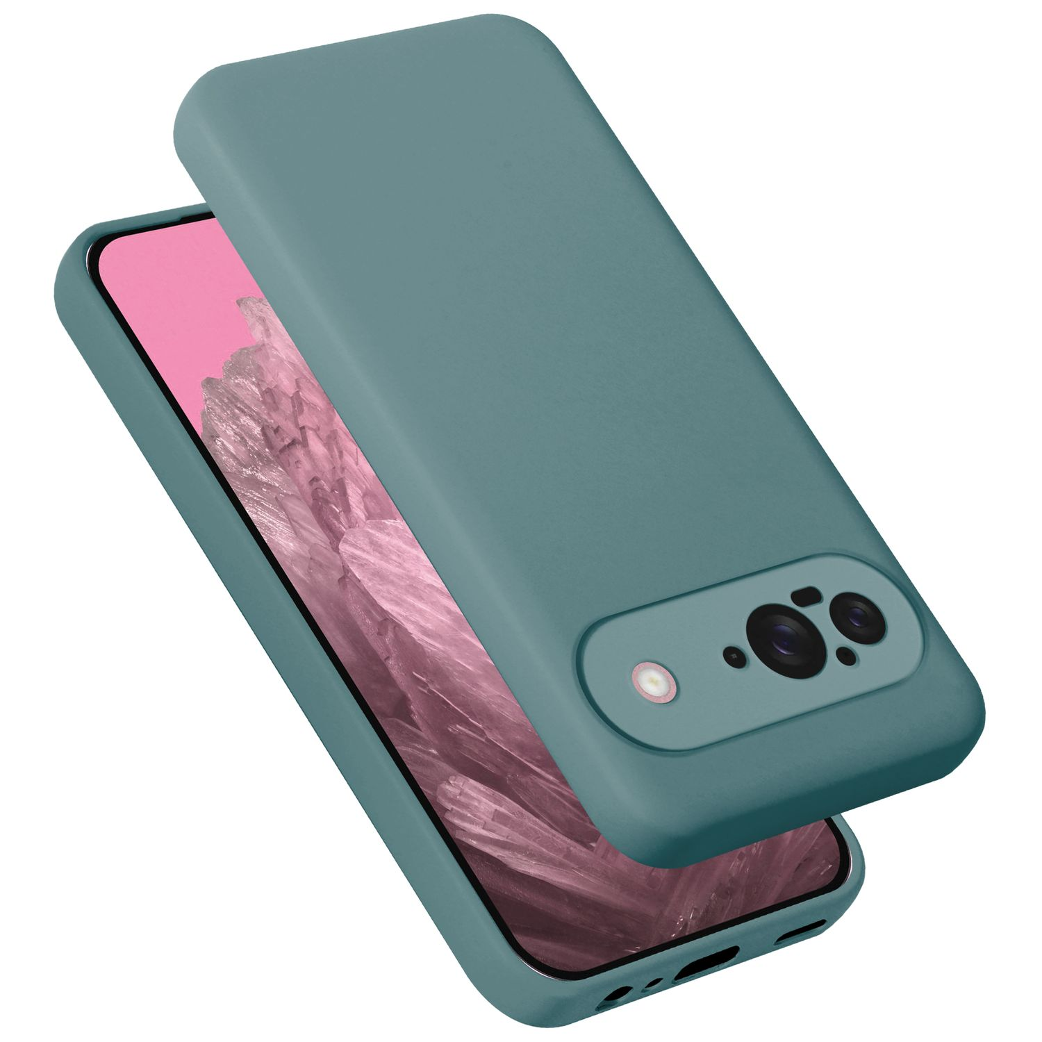 Eine teal Handyhülle auf einem Telefon. Die Handyhülle hat einen Kameraausschnitt. Das Telefon ist rosa.