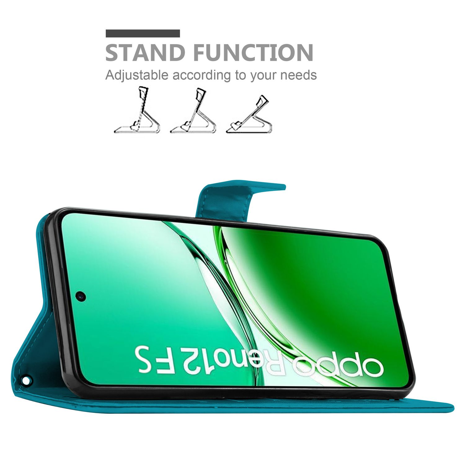 Türkisfarbene Handyhülle mit Ständerfunktion. Telefon mit Bildschirmoberfläche. Diagramme zeigen Ständerpositionen.