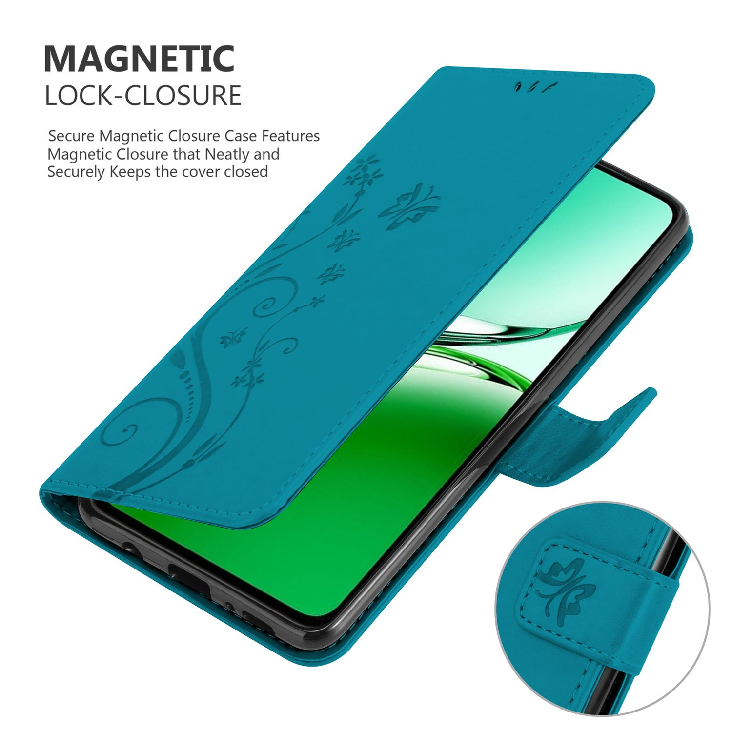 Türkisfarbene Brieftaschen-Handyhülle, offen, mit Telefon. Die Hülle hat ein Blumendesign.