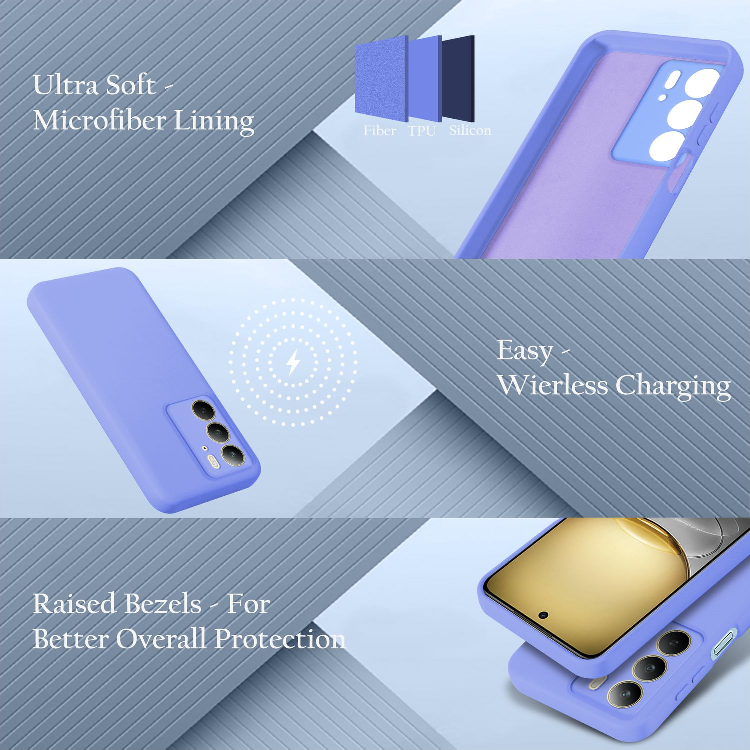 Eine hellviolette Handyhülle und ein Telefon mit Details zu seinen Funktionen.