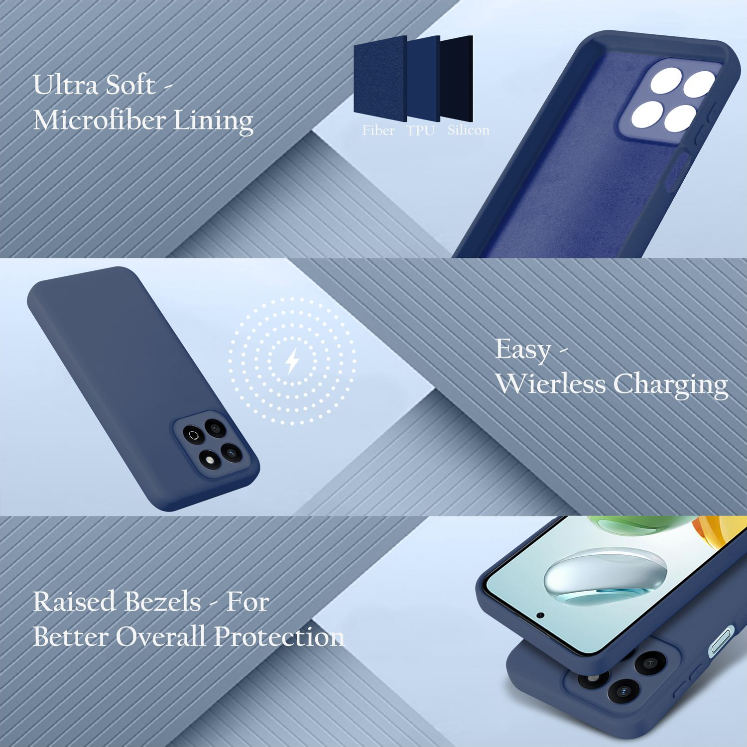 Telefonhüllenwerbung, blaue Hülle mit Telefon, Details innen.