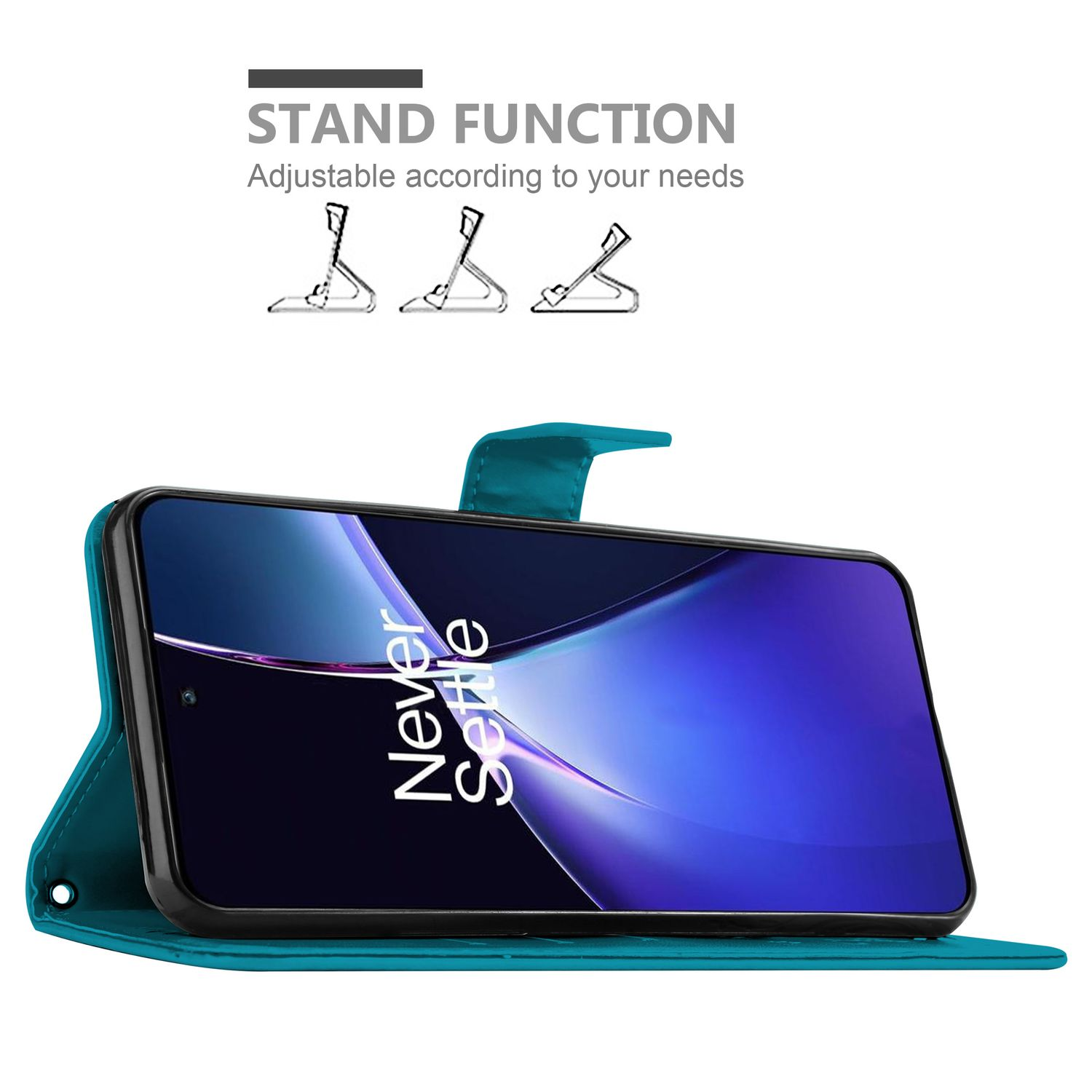Türkisfarbene Handyhülle geöffnet mit einem Telefon darin. Standfunktion zur Anpassung des Telefons.