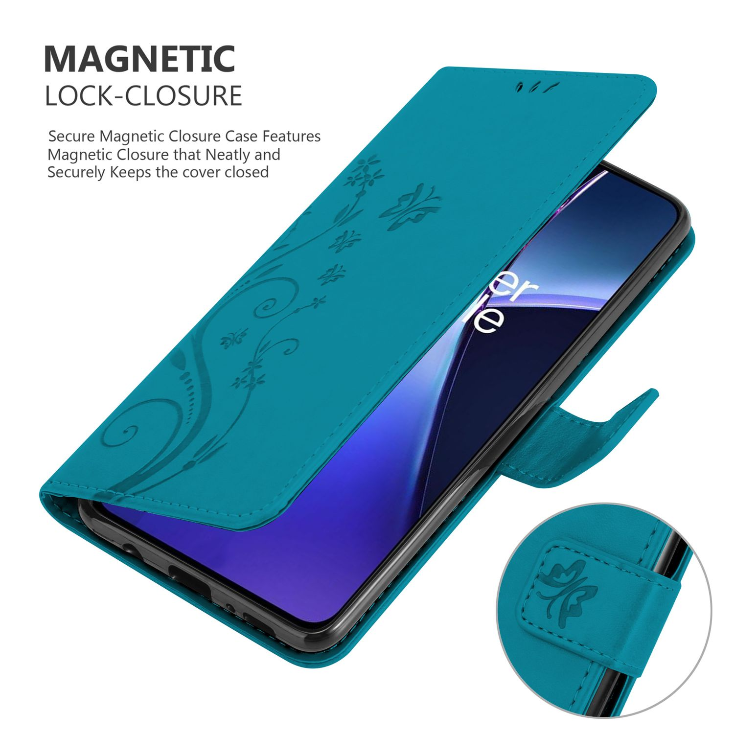 Türkisfarbene Handyhülle offen, mit Blumendesign, bedeckt ein Telefon. Magnetverschluss.