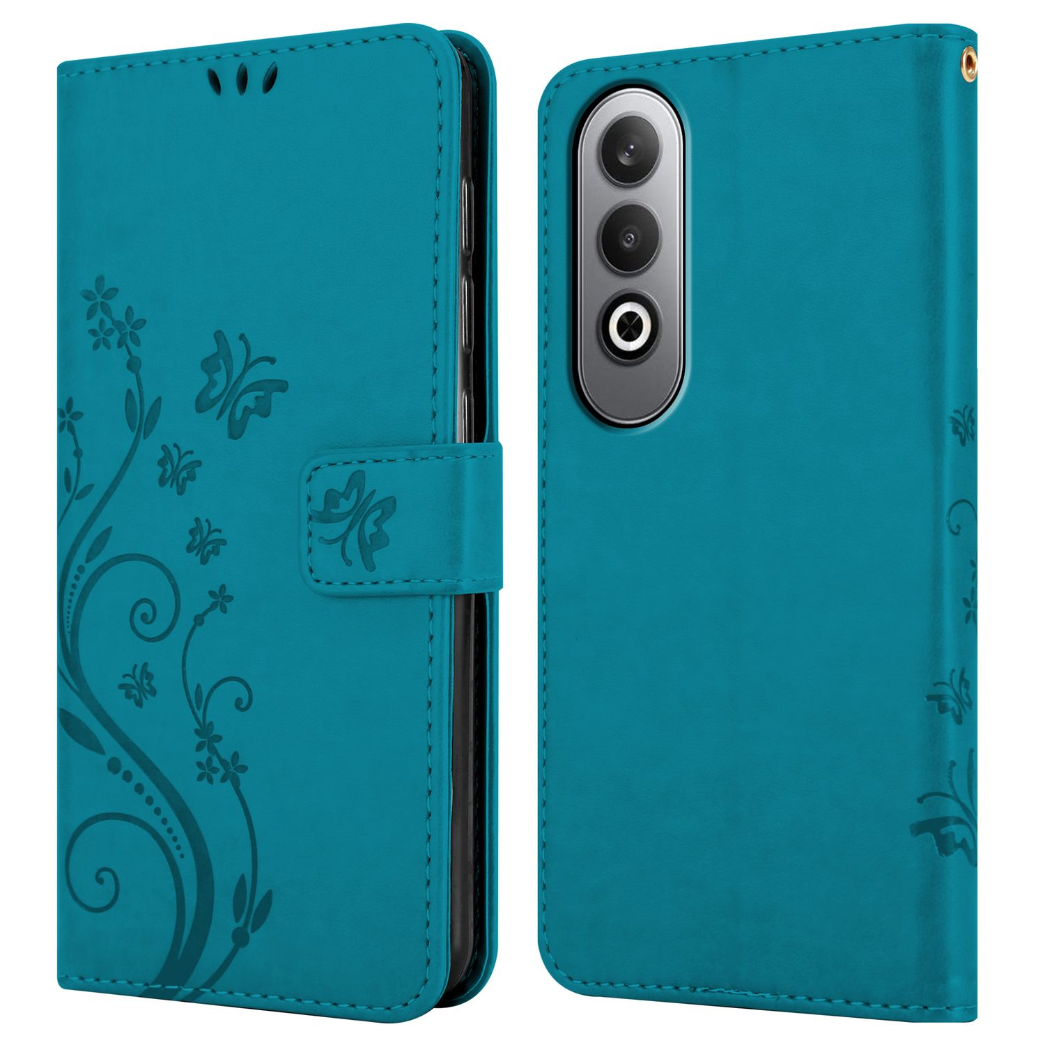 Türkisfarbene Handyhülle, offen, Telefon zeigend. Blumendesign. Zwei Hüllen nebeneinander.