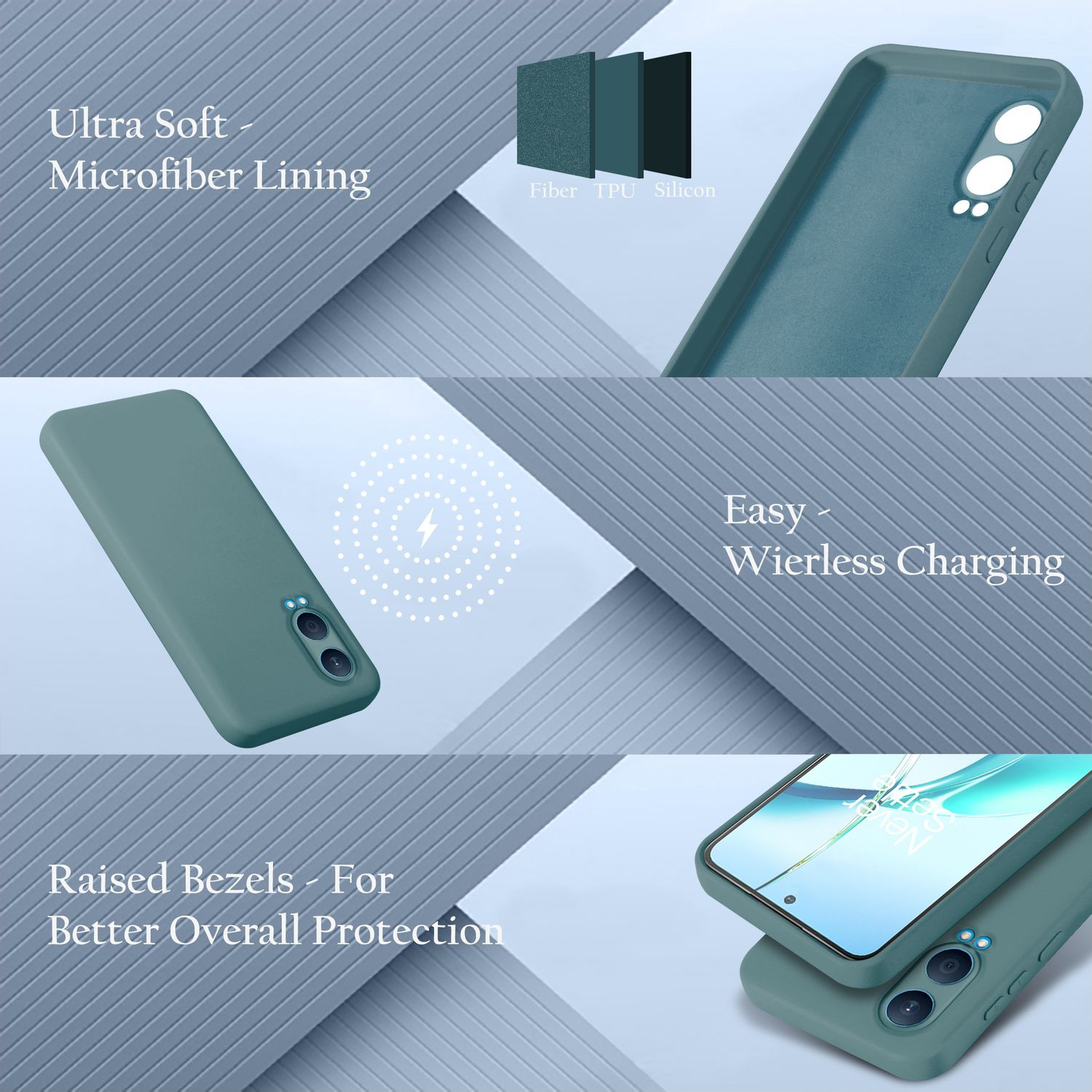 Handyhülle und Telefon mit Text: Ultra Soft, Easy Wireless Charging, Raised Bezels. Grün und blau.