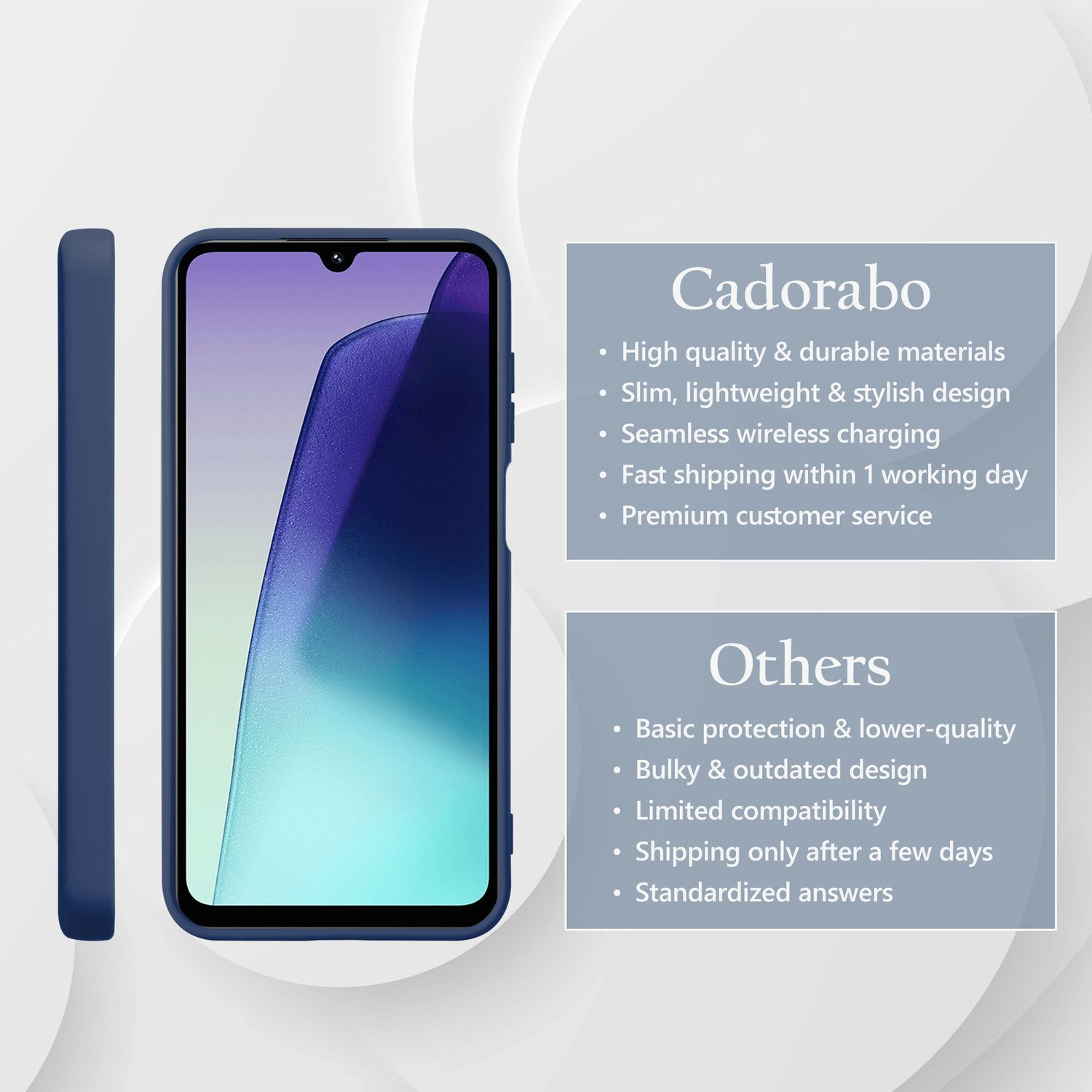 Eine blaue Handyhülle neben einem Telefon. Text beschreibt Merkmale von Cadorabo-Hüllen und anderen Hüllen.
