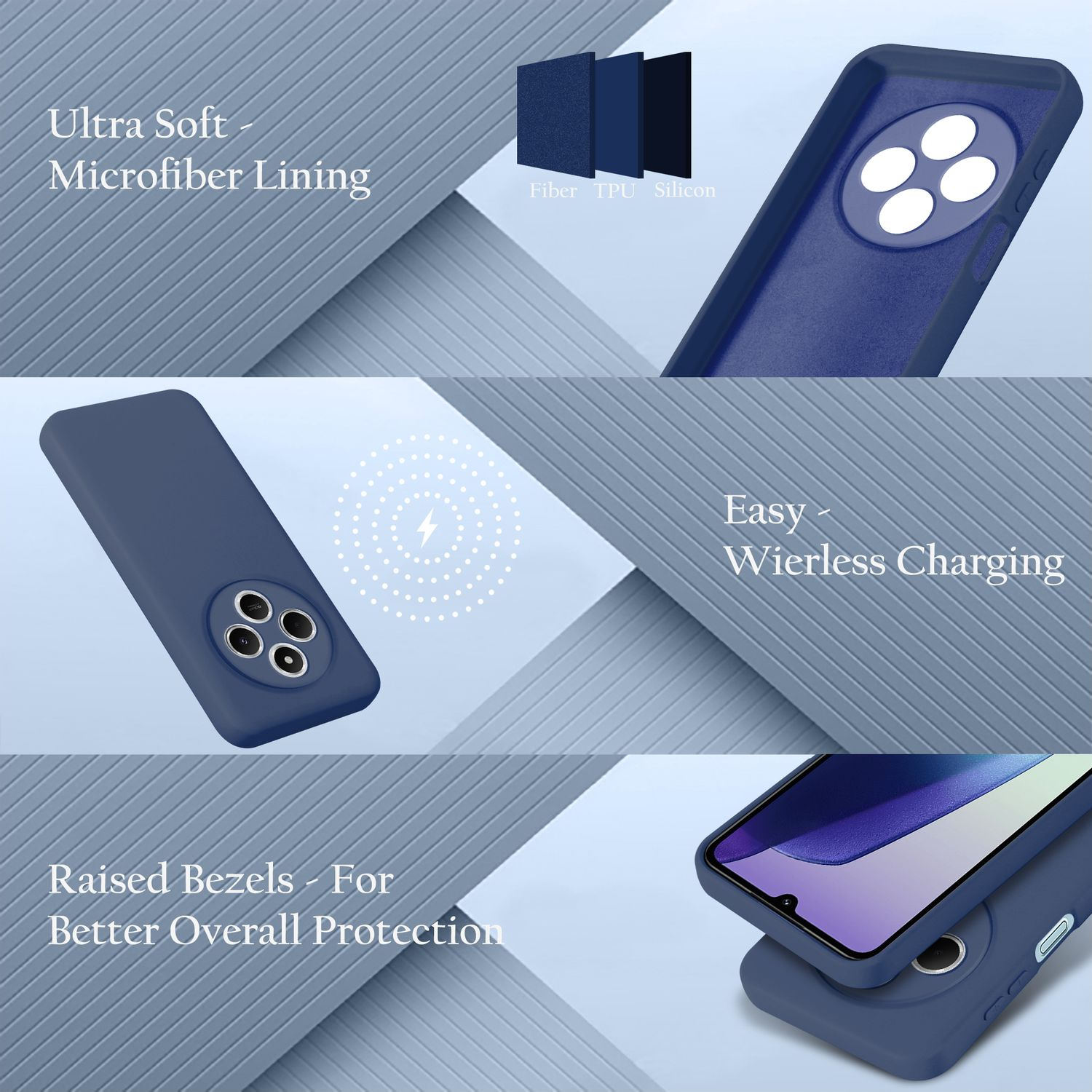 Bild mit Texten, die Merkmale einer marineblauen Handyhülle beschreiben. Text enthält 'Ultra Soft', 'Easy Wireless Charging' und 'Raised Bezels'.
