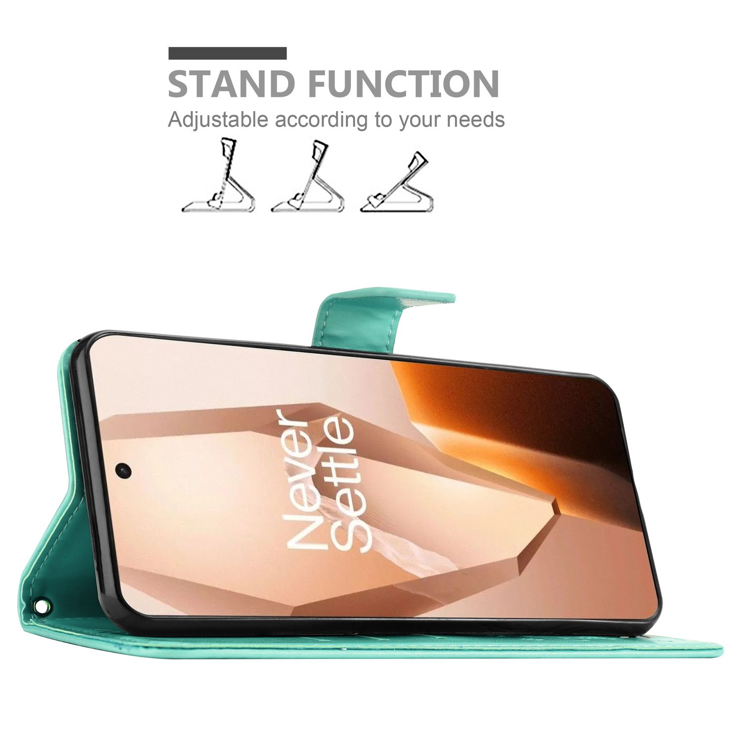 Eine türkisgrüne Handyhülle, die ein Telefon hält. Text sagt 'Never Settle'. Es gibt auch Standfunktion-Bilder.