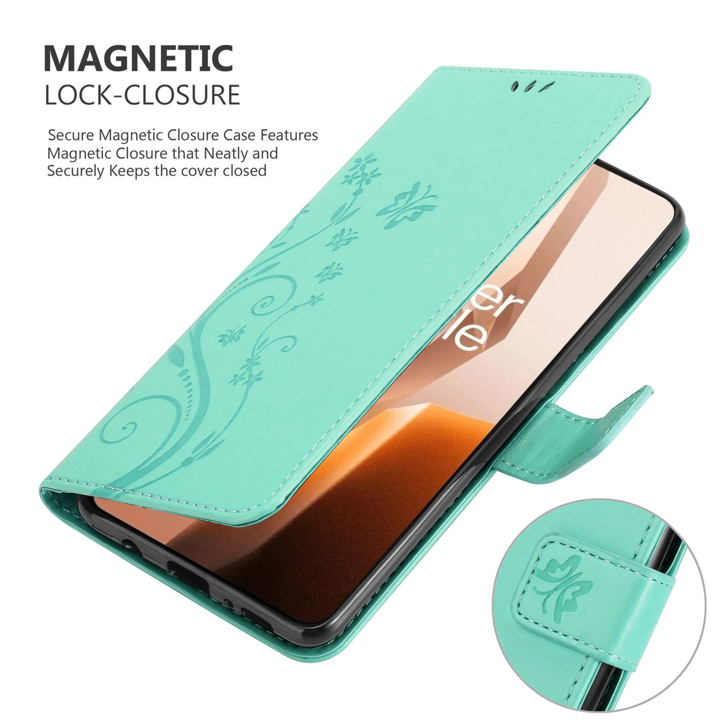 Eine türkisgrüne Handyhülle, geschlossen. Die Hülle hat ein Blumendesign. Das Telefon ist im Inneren. Die Hülle hat einen Magnetverschluss.