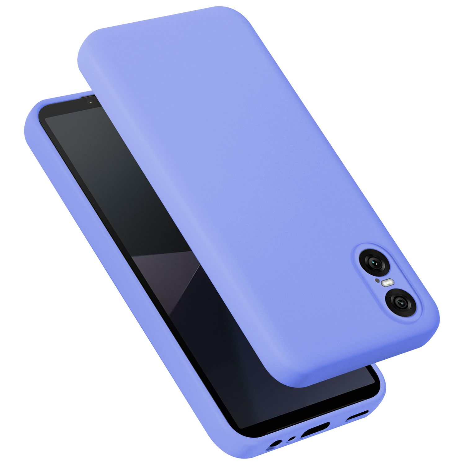 Eine hellviolette Handyhülle und ein Telefon werden auf weißem Hintergrund angezeigt, wobei die Kamera des Telefons gezeigt wird.