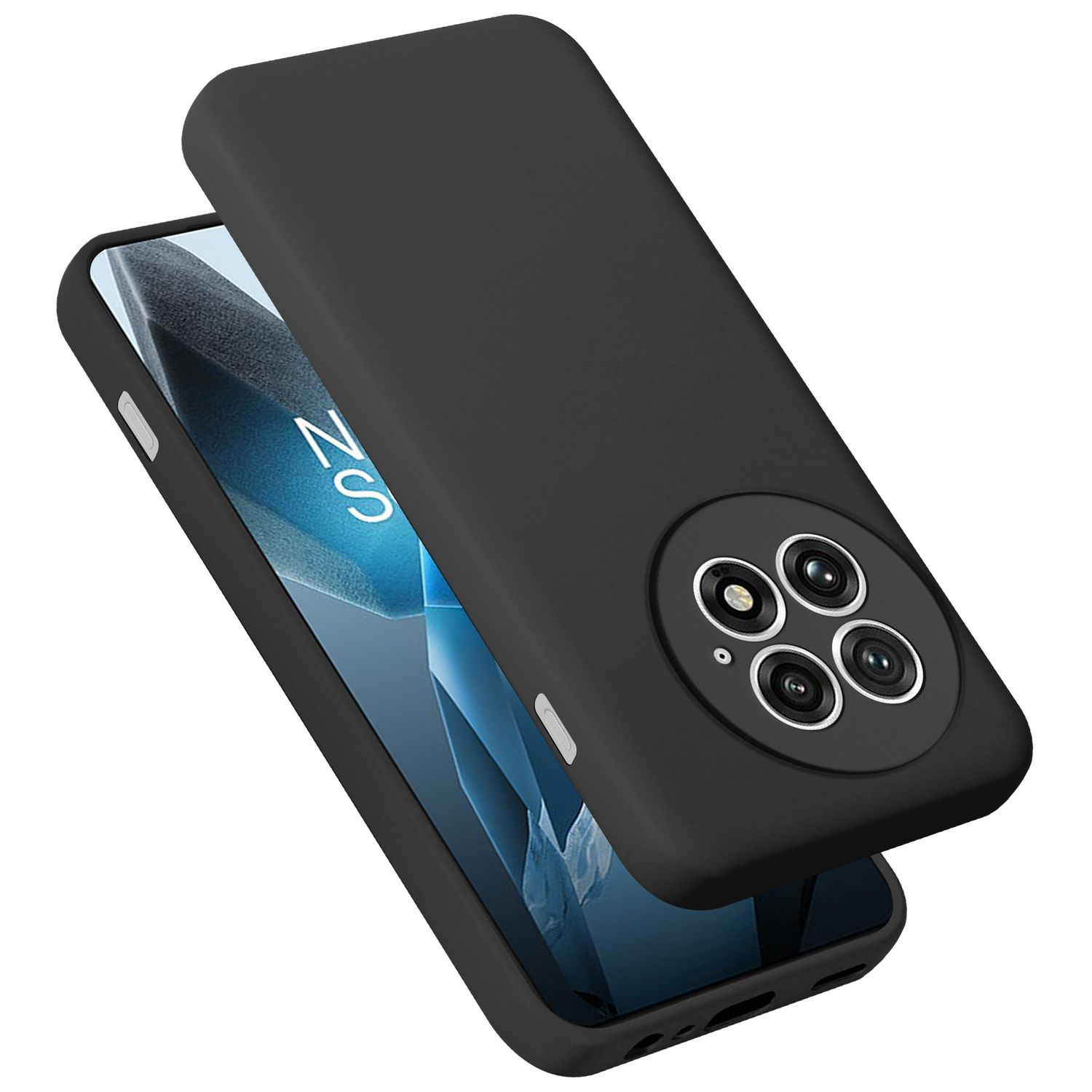 Schwarze Handyhülle. Telefon ist in der Hülle. Mehrere Kameralinsen auf der Rückseite.