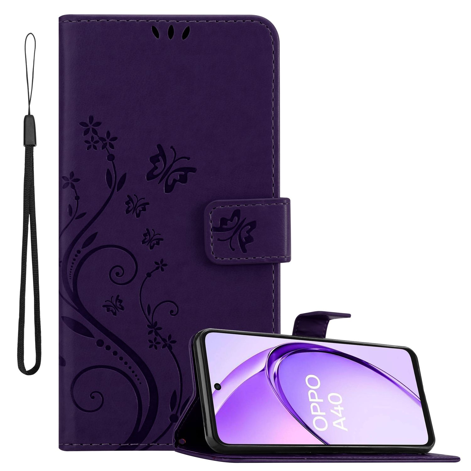 Lila Brieftaschen-Handyhülle offen, mit Telefon. Gurt links.