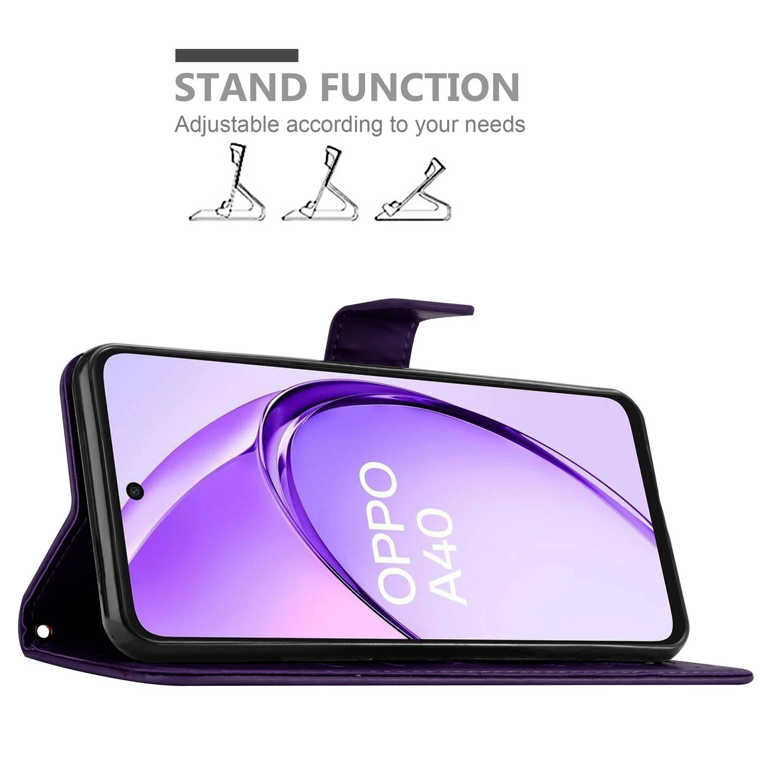 Ein Telefon in einer offenen lila Handyhülle, die schräg steht. Text: 'OPPO A40'.