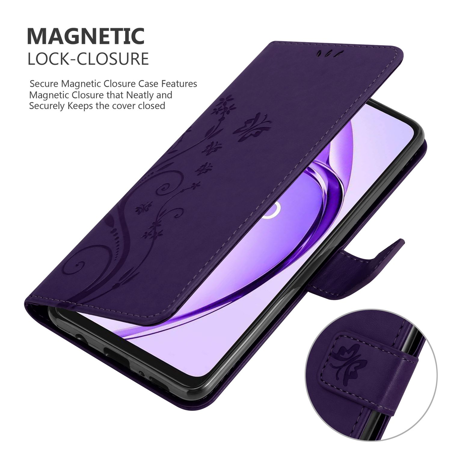 Lila Handyhülle mit floralem Design, offen mit Telefon. Magnetverschluss.