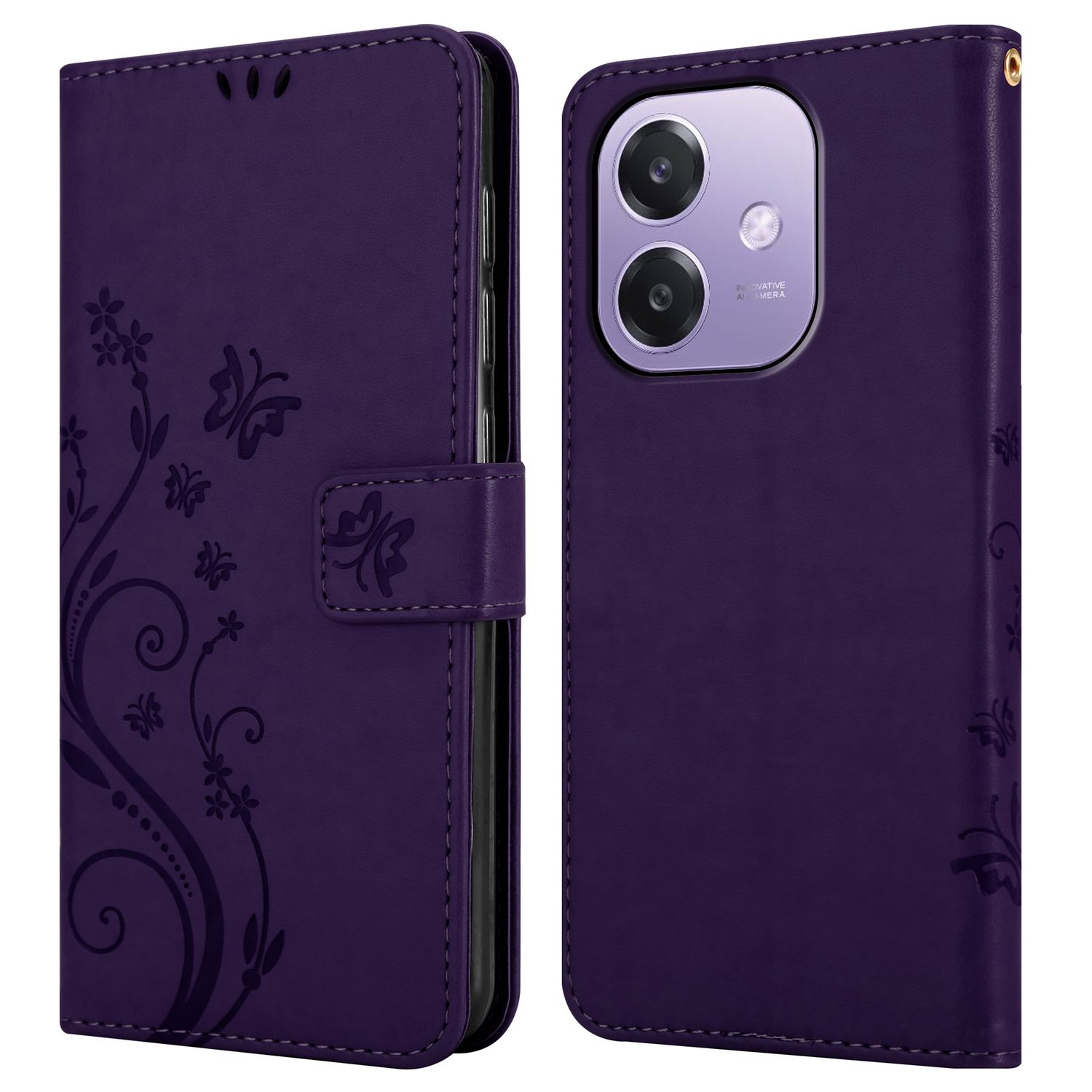 Lila Handyhülle geöffnet, Telefon zeigend. Blumendesigns. Verschluss sichtbar. Handyhülle offen.