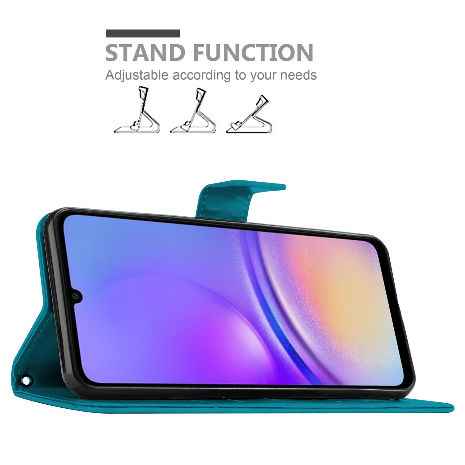 Türkisfarbene Handyhülle offen, Telefon innen. Grafiken zeigen die Standfunktion. Illustrationen der Standpositionen.