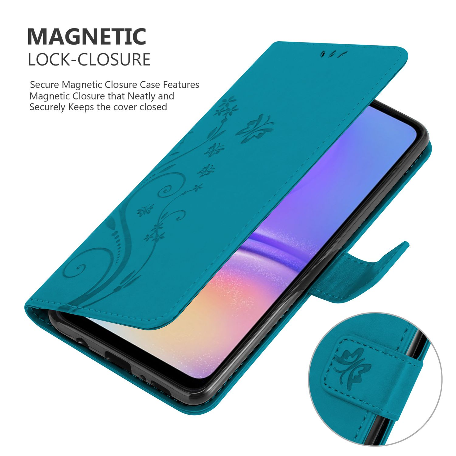 Türkisfarbene Handyhülle geöffnet, Telefonbildschirm zeigend. Mit floralen Designs verziert. Magnetverschluss sichtbar.
