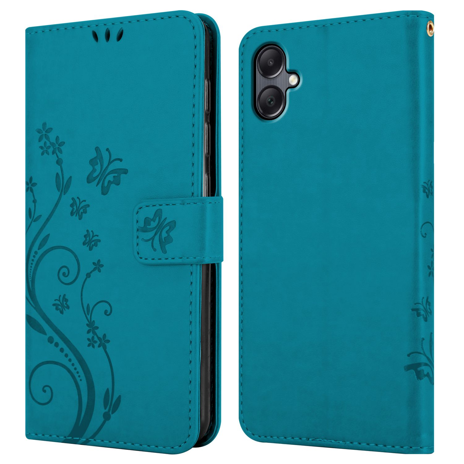 Türkisfarbene Handyhülle geöffnet, Telefonbildschirm zeigend. Mit floralen Designs verziert.