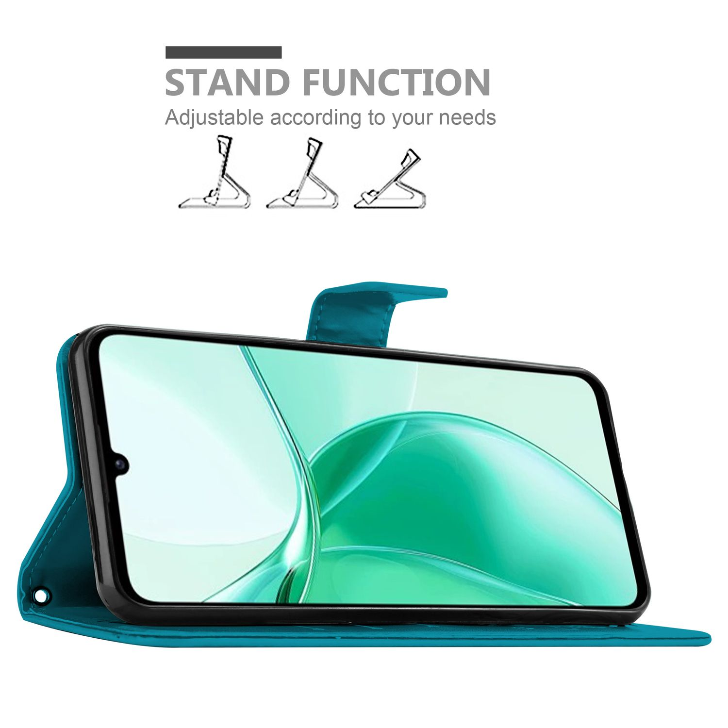 Türkisfarbene Handyhülle mit Ständerfunktion. Das Telefon befindet sich in der Hülle.
