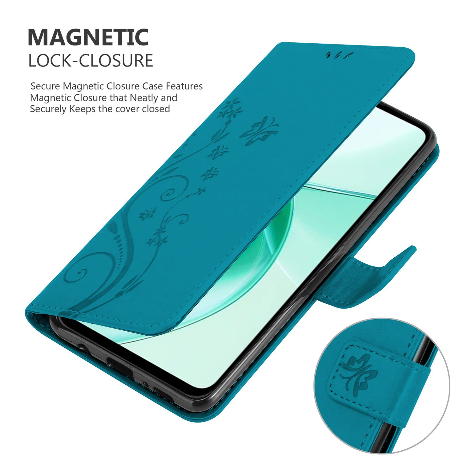 Türkisfarbene Handyhülle geöffnet, zeigt ein Telefon. Mit floralen Designs verziert.