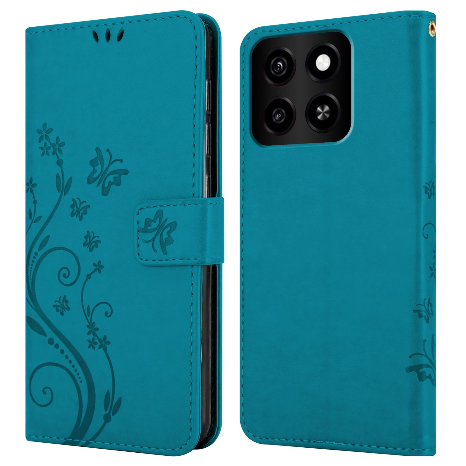 Eine tealfarbene Handyhülle mit Blumen- und Schmetterlingsdesign auf weißem Hintergrund.