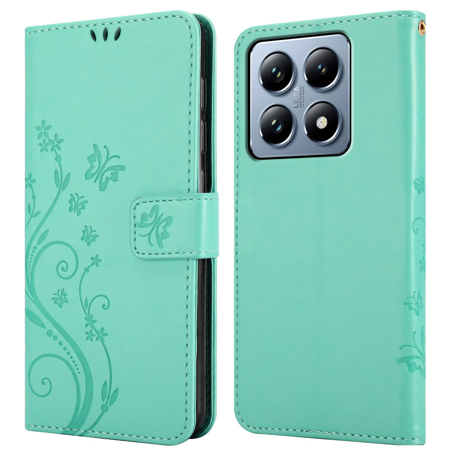 Türkisfarbene Handyhülle, offen und geschlossen. Zeigt die Rückseite des Telefons. Schmetterlings- und Blumendesign.