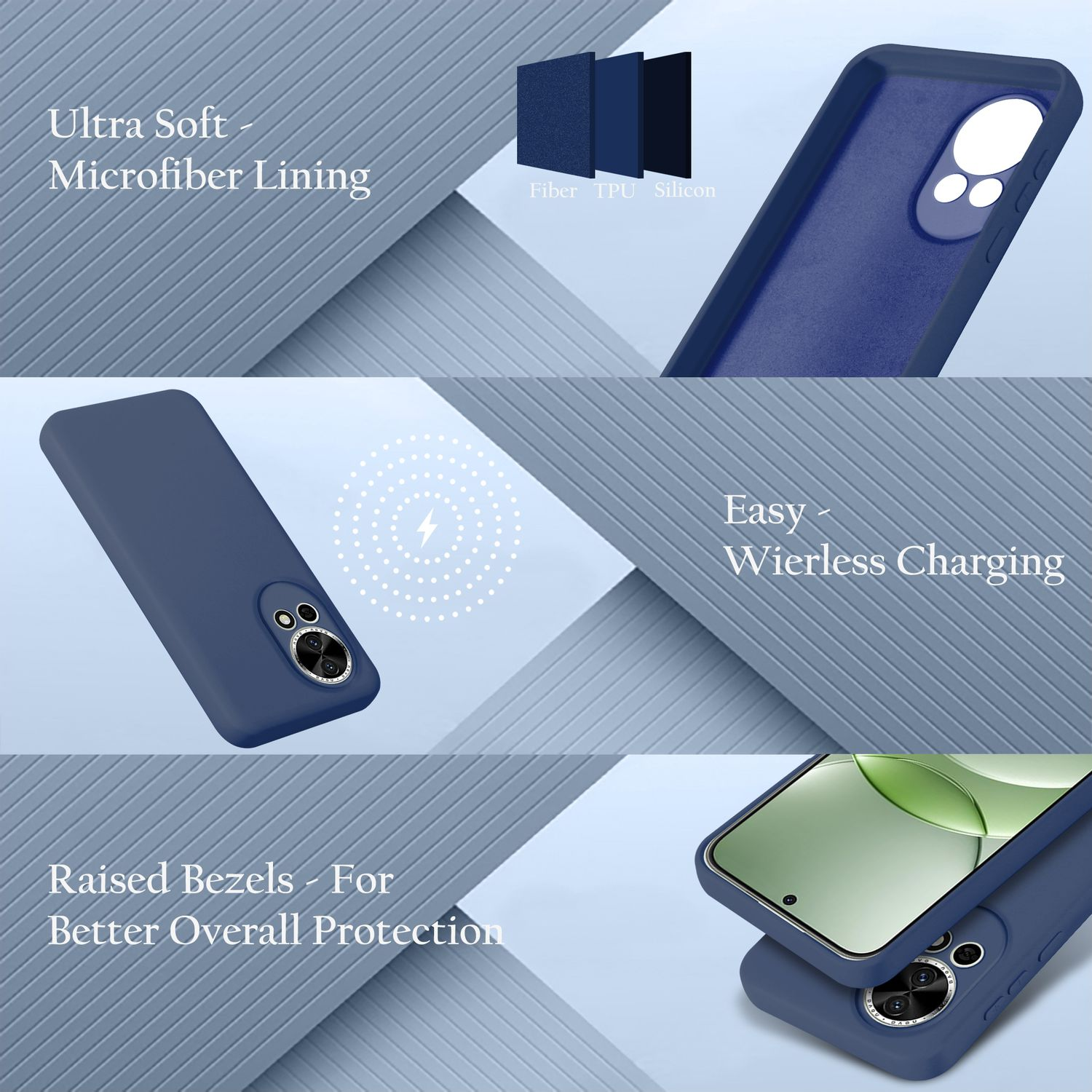Blaue Handyhülle mit Telefon. Merkmale: weiches Futter, kabelloses Laden, erhöhte Blenden.