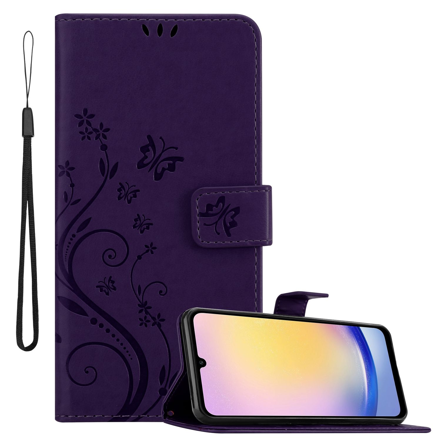Lila Handyhülle, Blumendesign, offen. Telefon innen. Weißer Hintergrund.