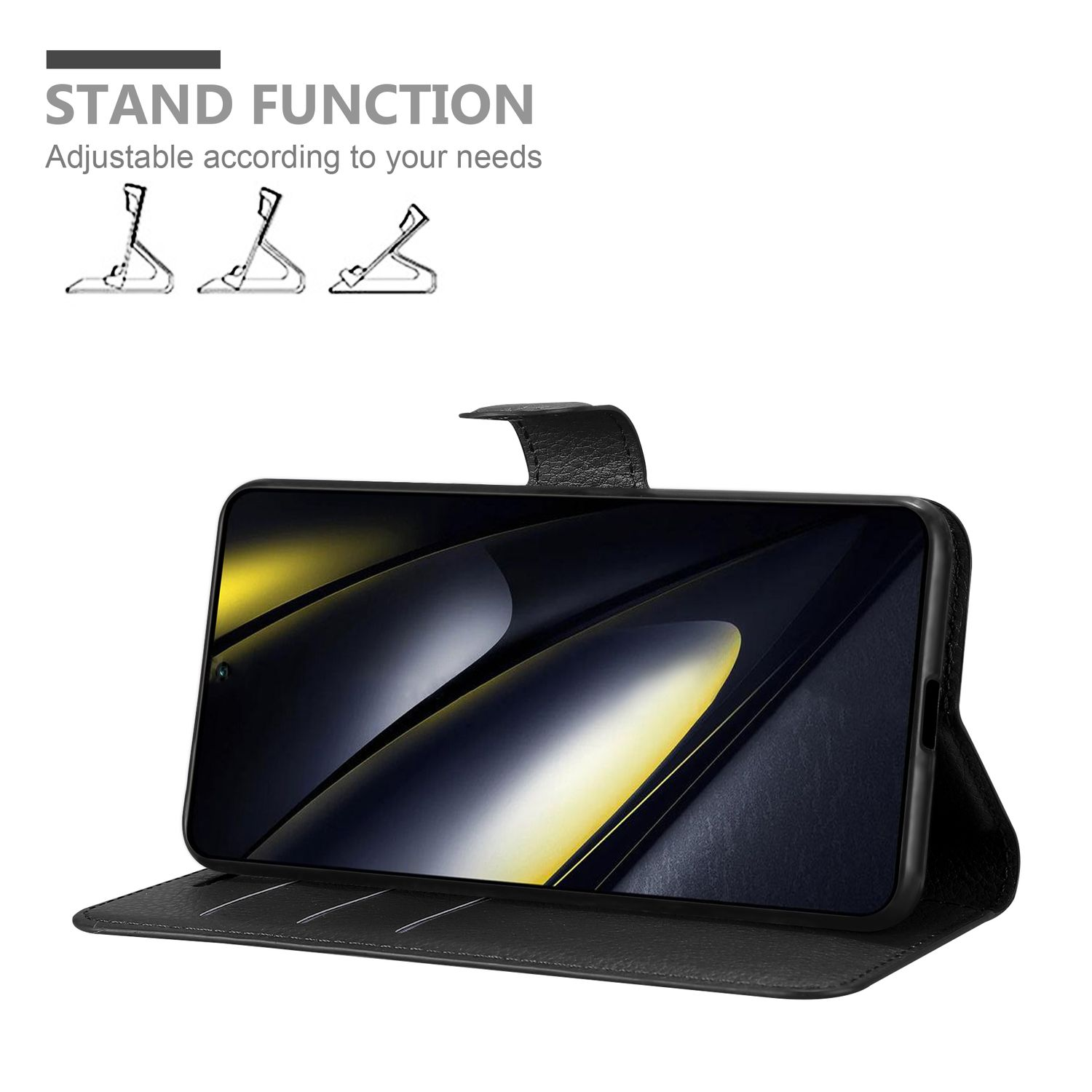Schwarze Handyhülle offen, das Telefon steht. Text: 'STAND FUNCTION'.