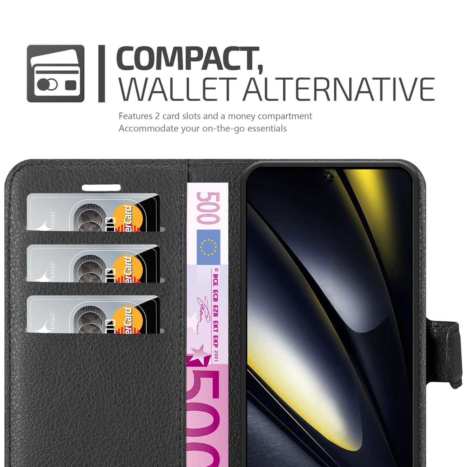 Schwarze Handy-Brieftasche offen, mit Kartenfächern, Euro-Schein und Telefon.