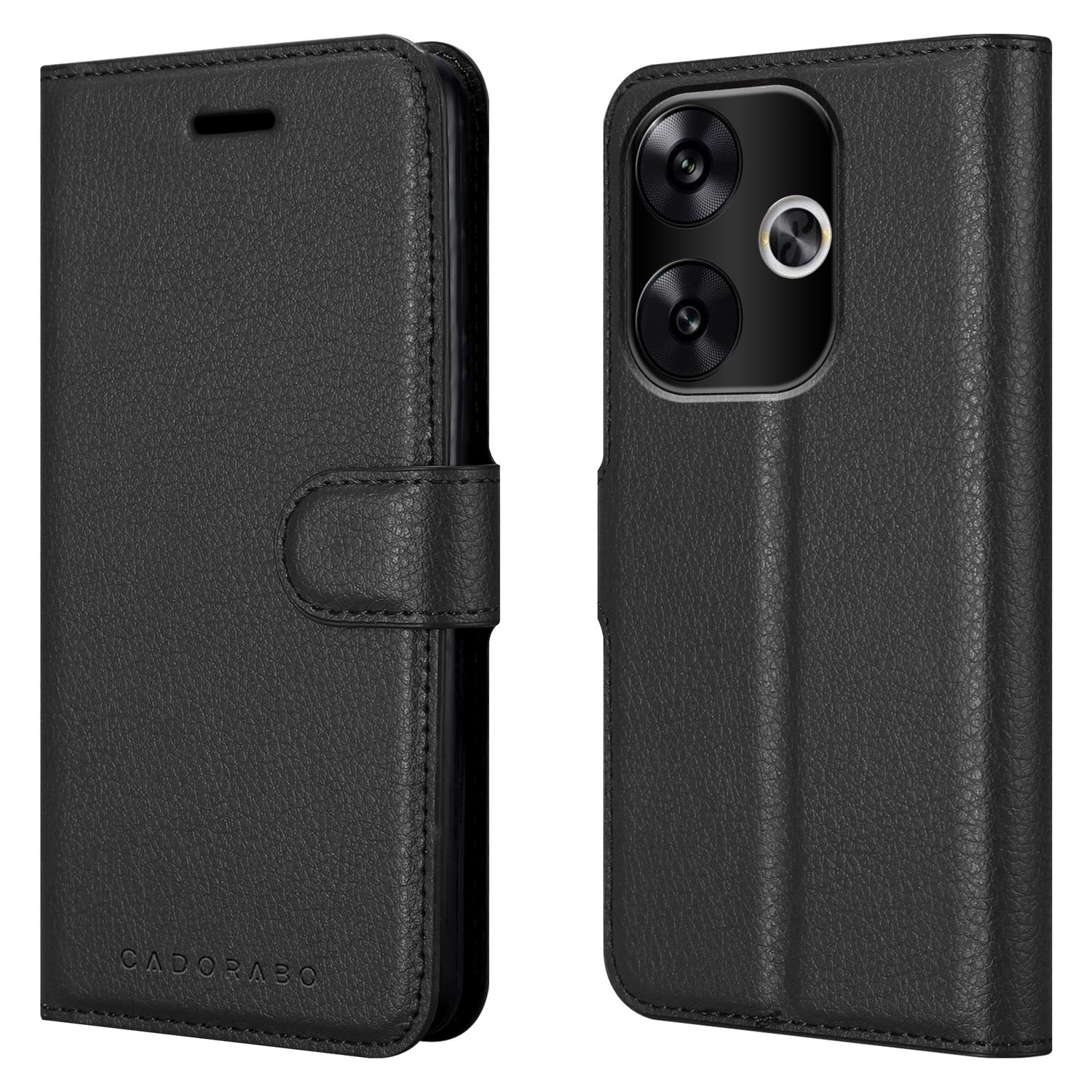 Schwarze Handyhülle, geschlossen, mit dem Telefon darin, zeigt Vorder- und Rückseite des Telefons.