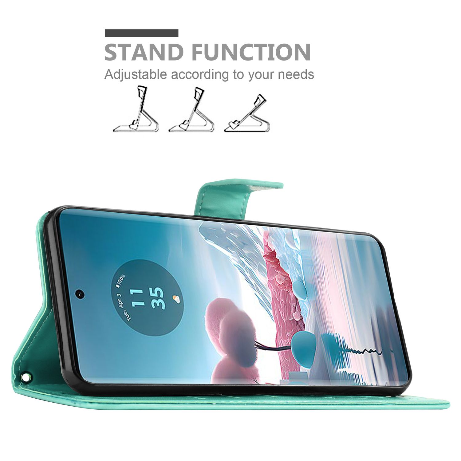 Eine mintgrüne Handyhülle mit einem Telefon darin. Die Hülle ist geöffnet und zeigt den Bildschirm und Standpositionen.