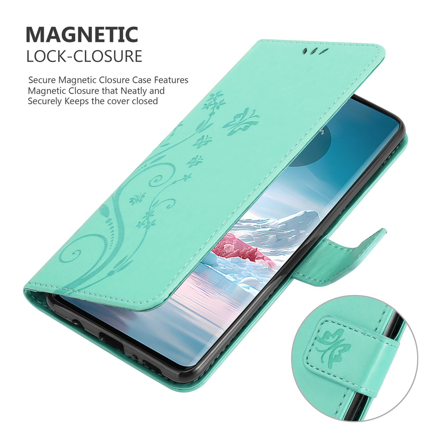 Geöffnete türkisfarbene Handyhülle mit Telefon darin. Blumendesign auf der Hülle. Weißer Hintergrund.