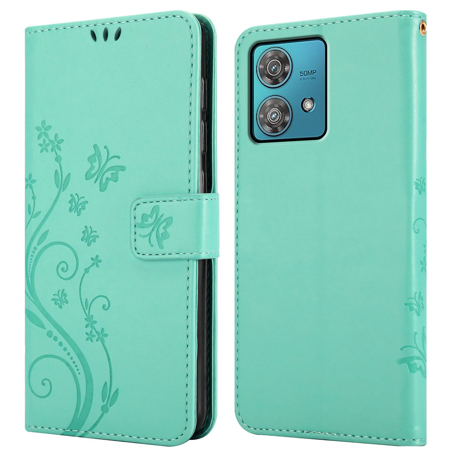 Türkisfarbene Handyhülle, geöffnet, mit einem Telefon darin. Blumendesign. Weißer Hintergrund.