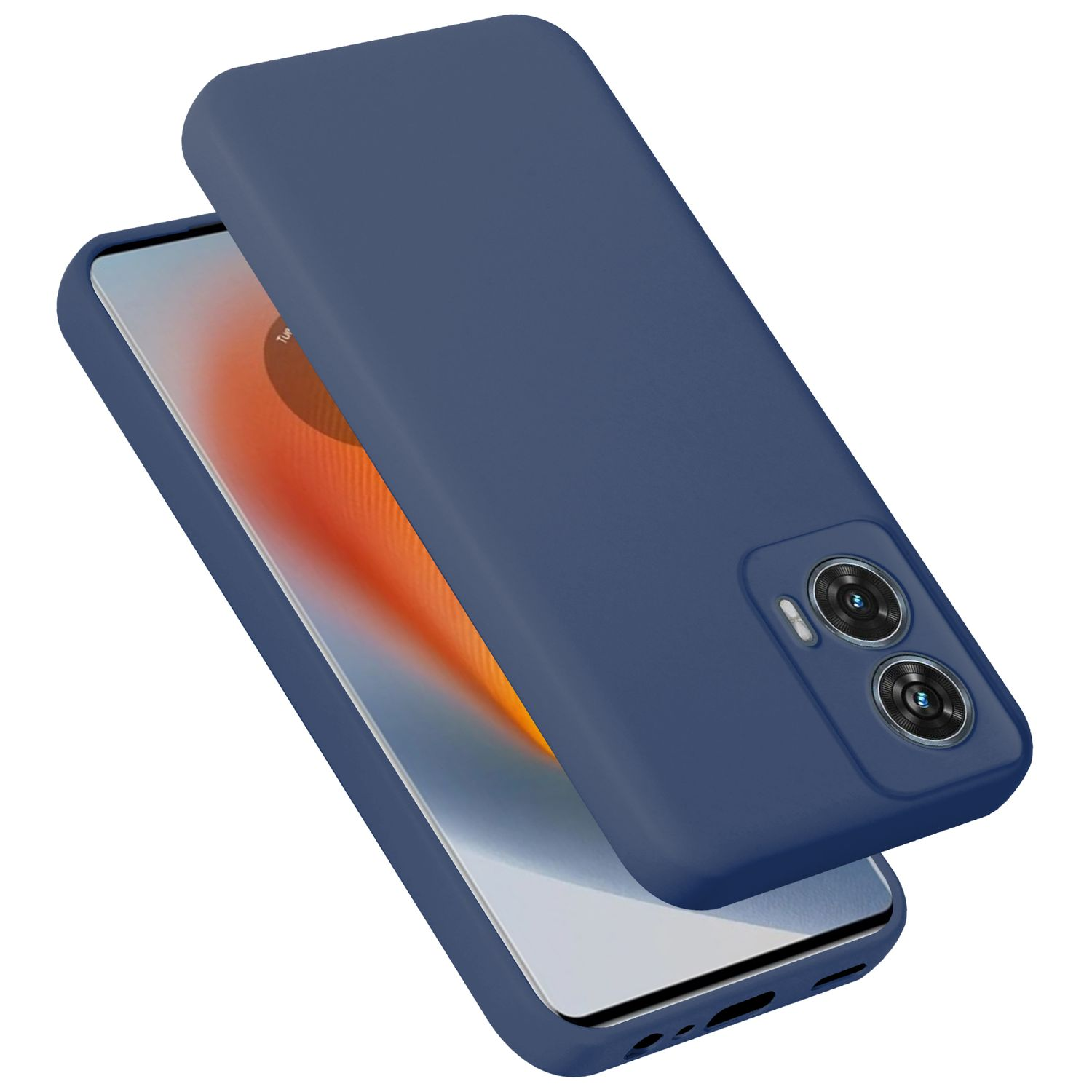 Marineblaue Handyhülle, mit einem Telefon darin. Zeigt die Kamera und das Design des Telefons. Die Hülle bedeckt das Telefon.