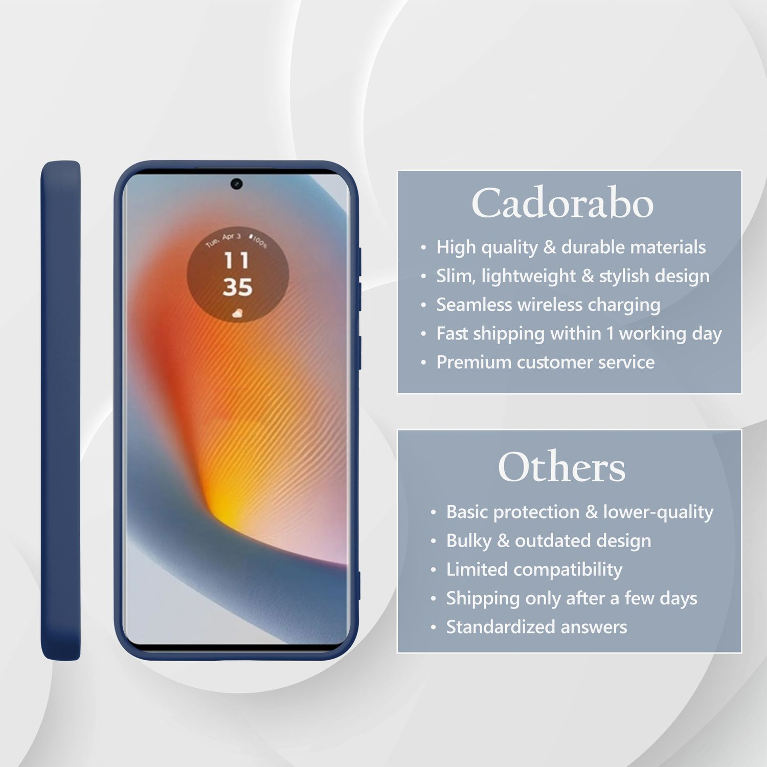 Telefon und blaue Hülle. Text über Cadorabo und andere. Weißer und blauer Hintergrund.