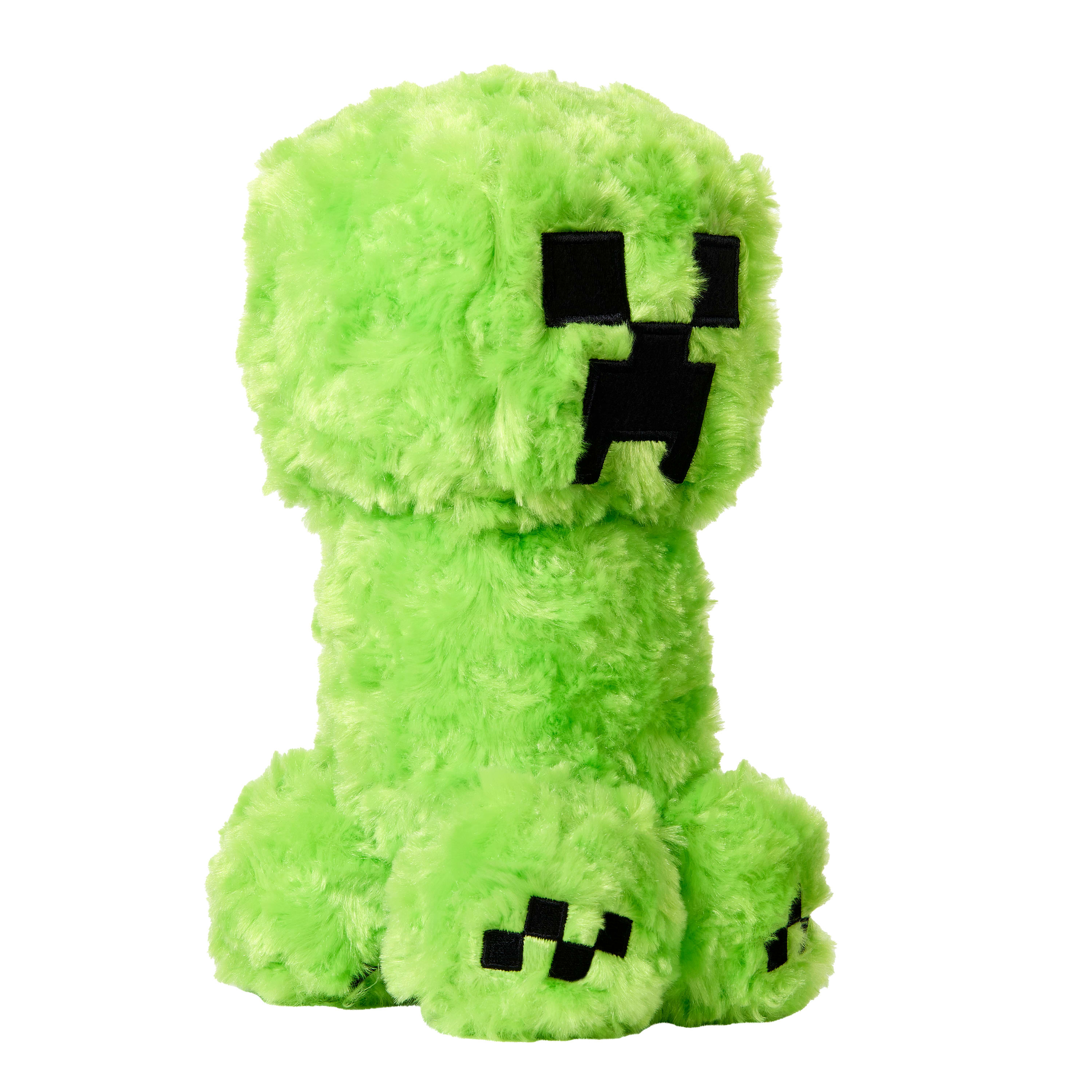 Peluche verde di Creeper di Minecraft con occhi e bocca neri su sfondo bianco.