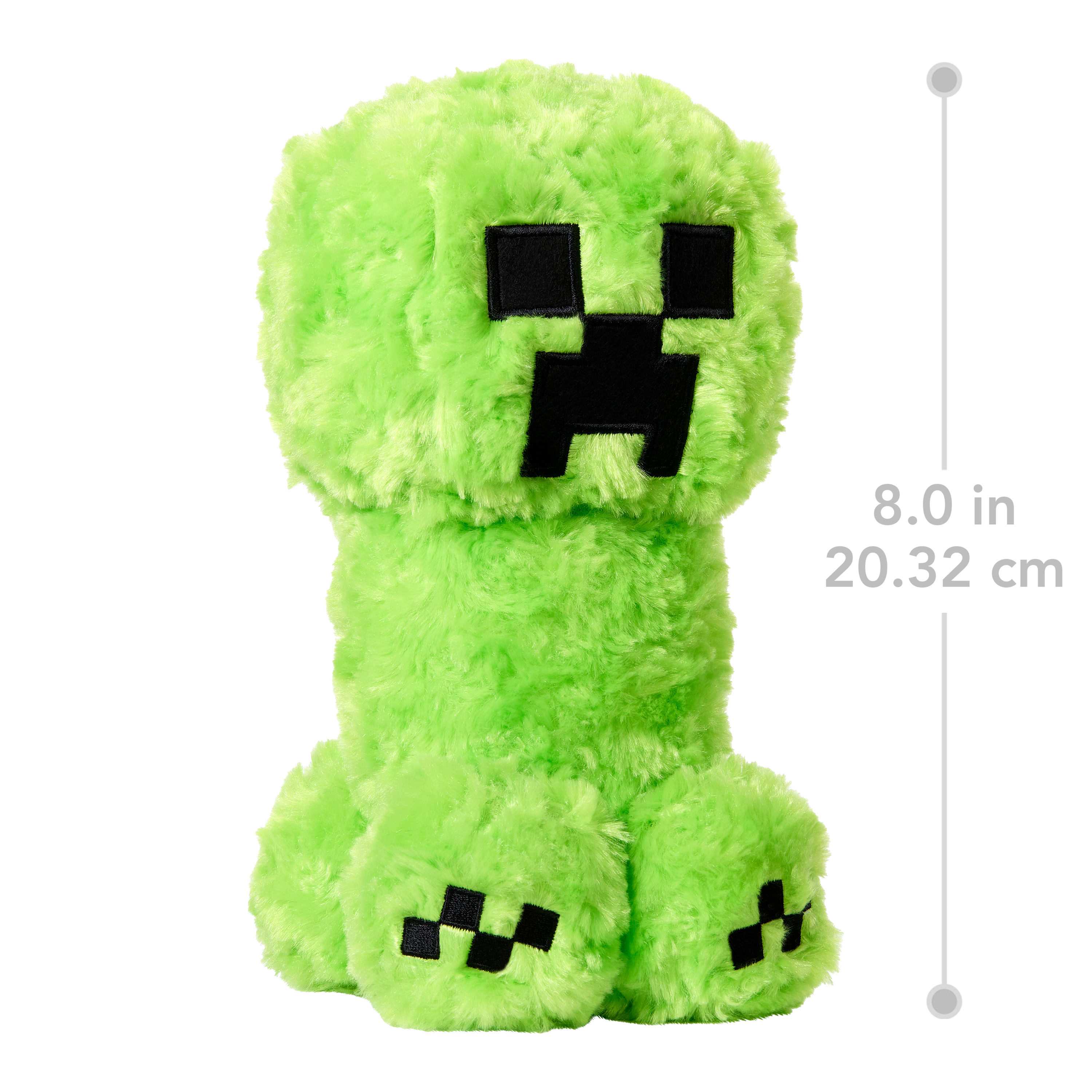 Peluche verde di Creeper di Minecraft, vista laterale, con indicatore di misurazione che mostra 8,0 pollici.
