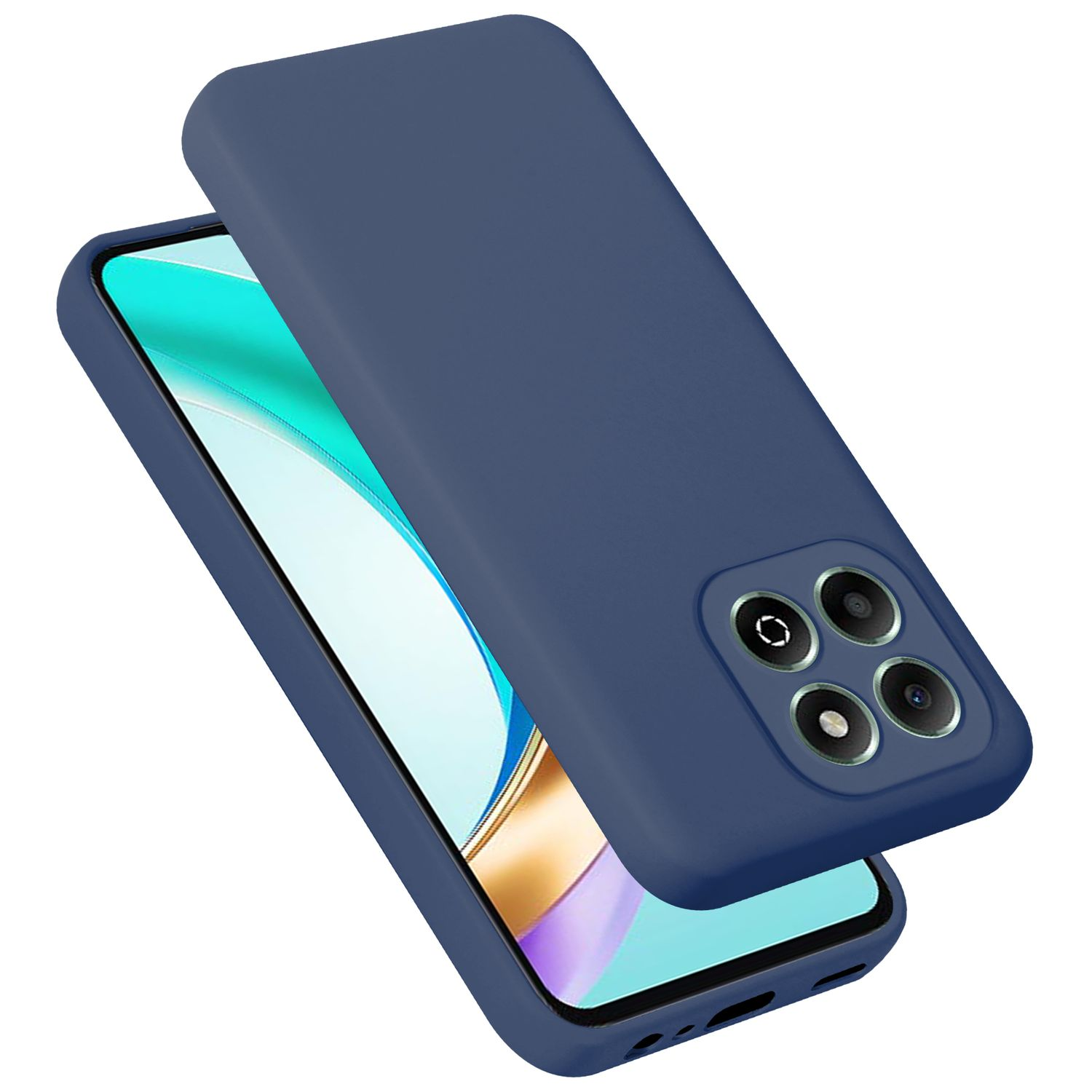 Zwei blaue Handyhüllen, eine auf einem Telefon und die andere daneben. Das Telefon hat eine Dreifachkamera.