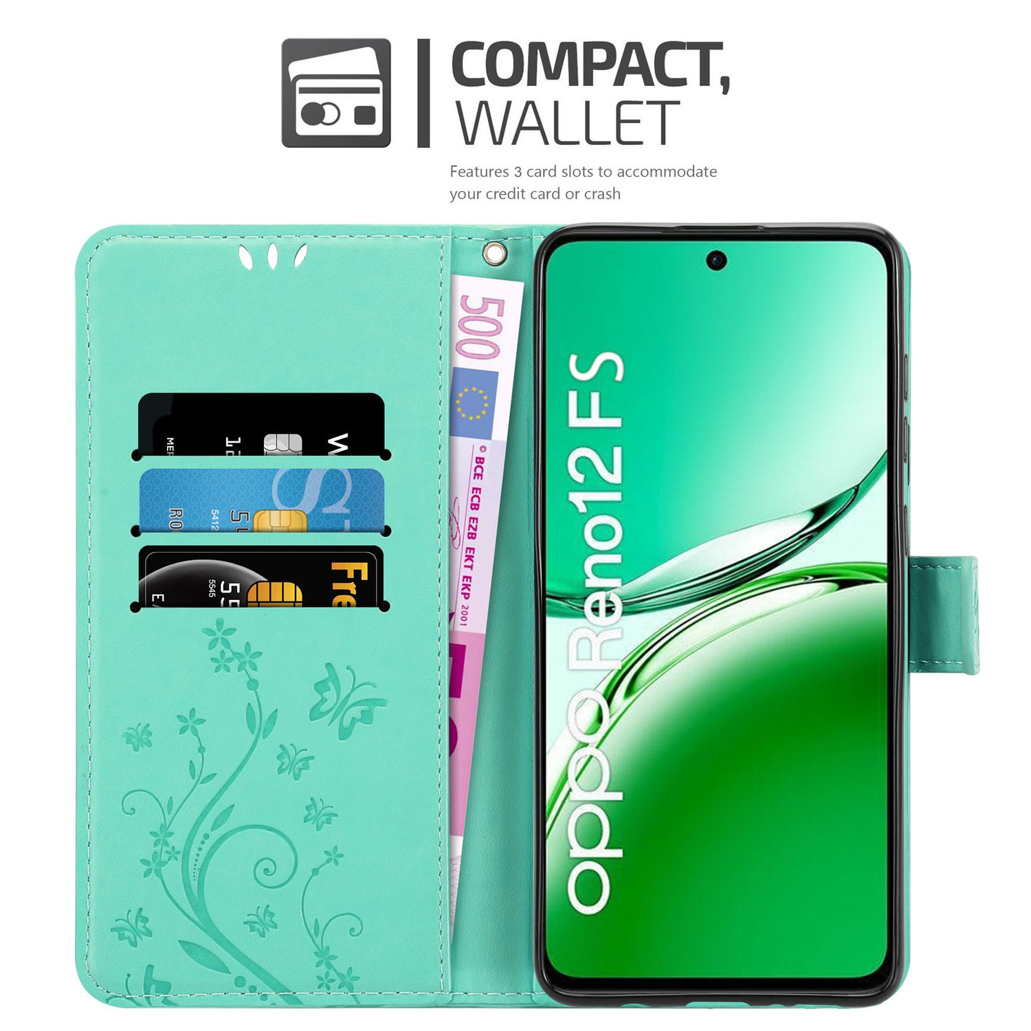 Türkisfarbenes Handy-Wallet mit Karten und Geld. Telefon rechts.