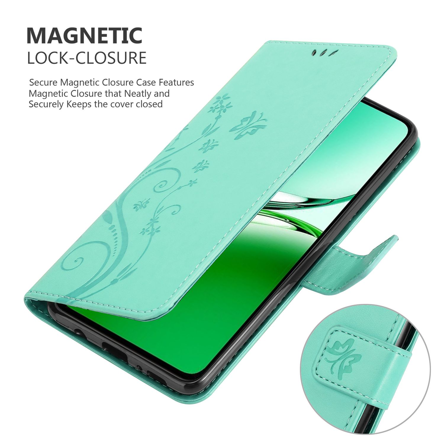 Türkisfarbene Handyhülle mit sicherem Magnetverschluss. Das Telefon ist geöffnet.