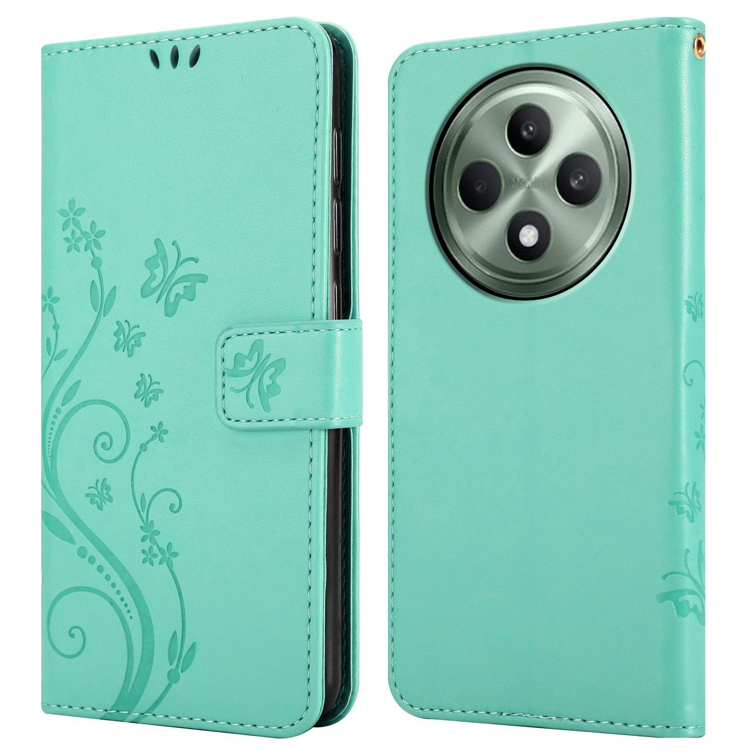 Eine grüne Handyhülle, geschlossen und offen. Der offene Koffer zeigt ein Telefon. Blumendesigns sind auf dem Koffer.