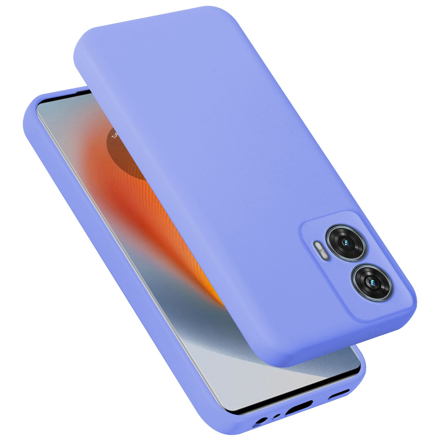 Eine hellviolette Handyhülle auf einem Telefon, abgewinkelt vor einem verschwommenen orange-weißen Hintergrund.