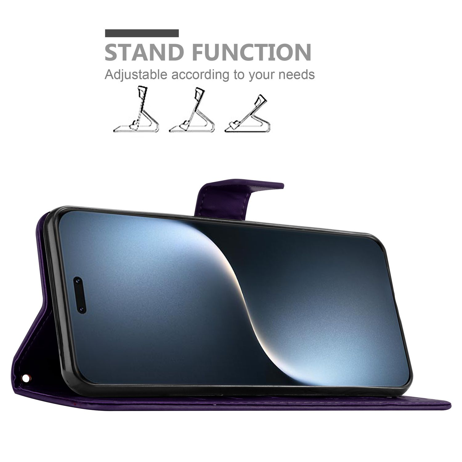 Handyhülle mit Telefon im Standmodus, mit Diagrammen der Standfunktion über dem Telefon.