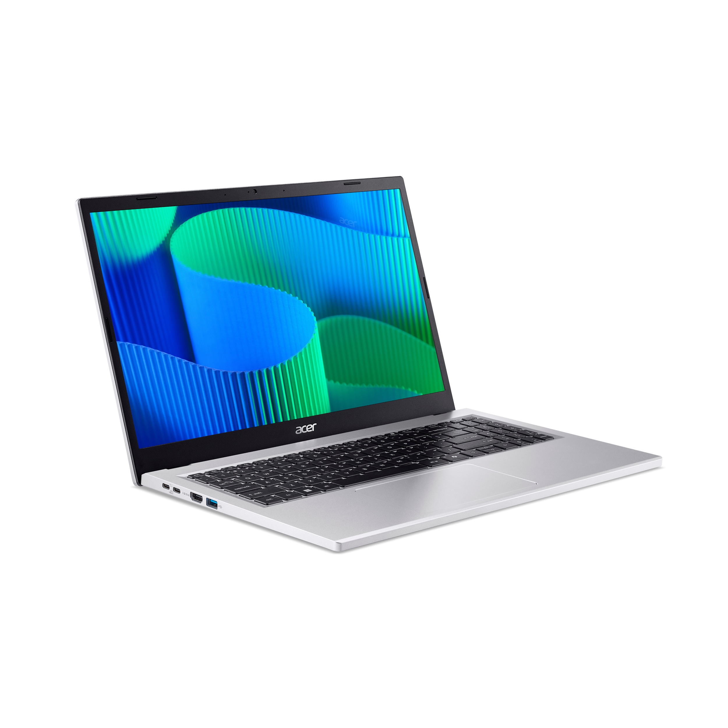 Un laptop Acer argentato con uno schermo che mostra motivi blu e verdi.
