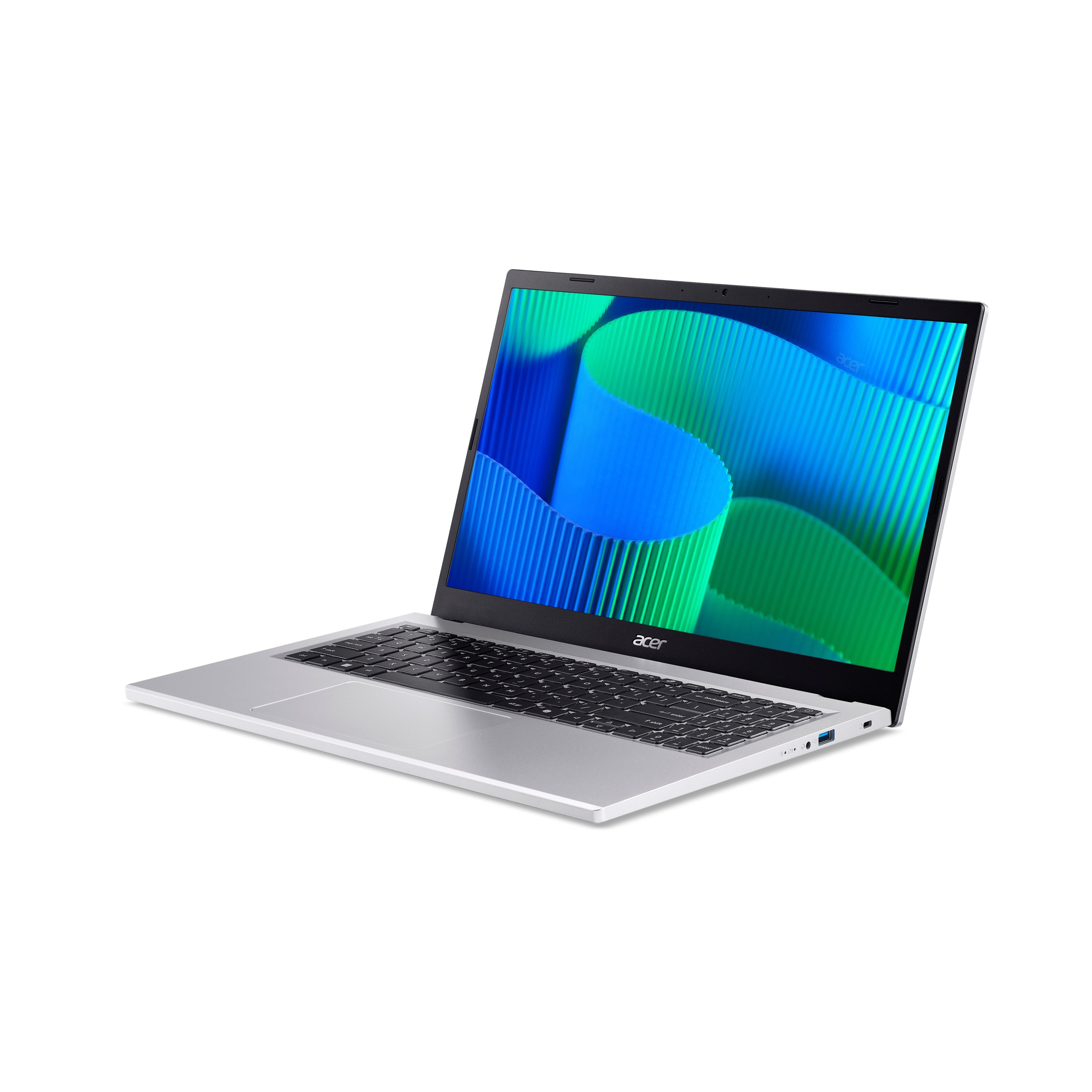 Laptop Acer argento, aperto, con sfondo astratto. Tastiera visibile.