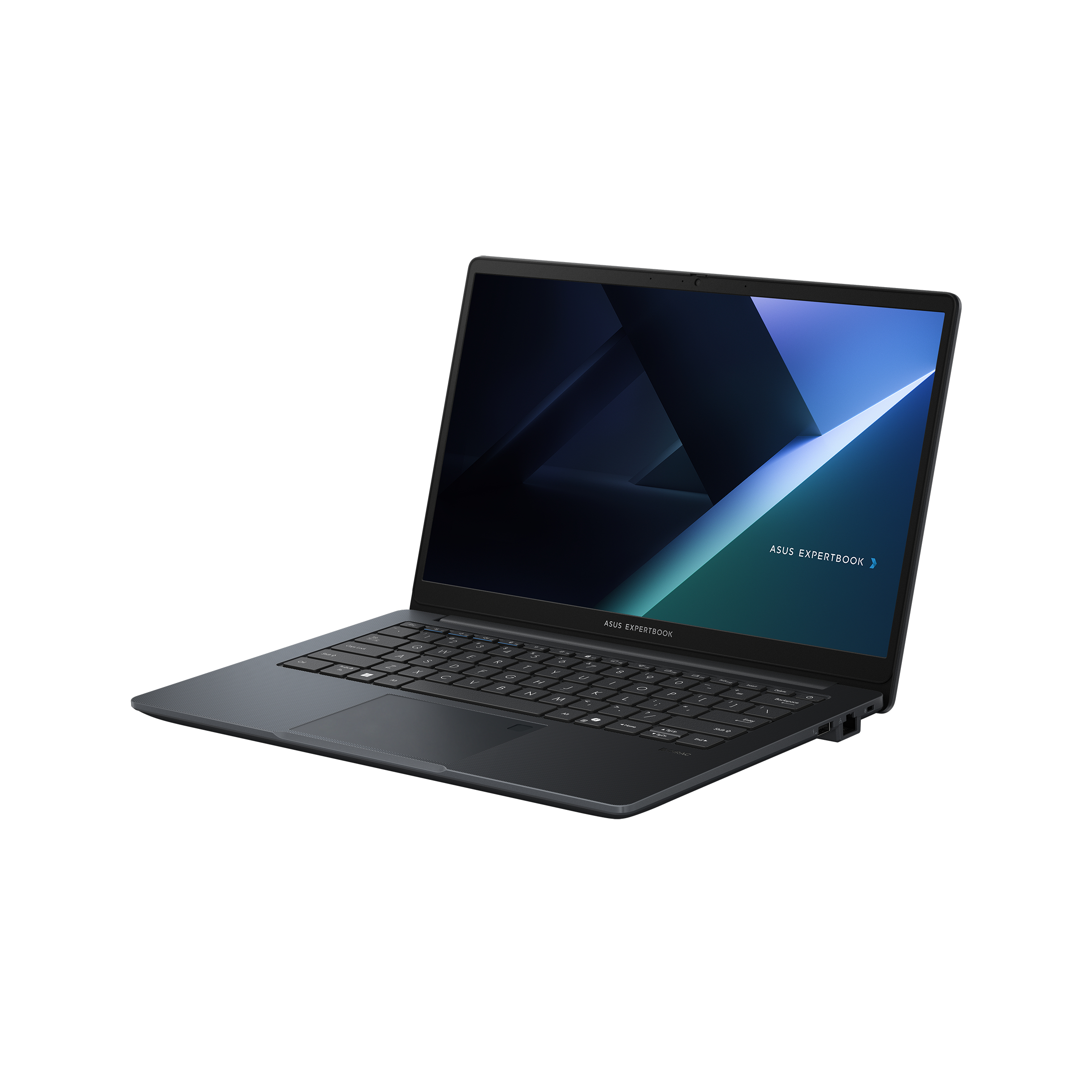 Donkergrijze laptop met open scherm, toetsenbord zichtbaar. ASUS EXPERTBOOK op scherm. Witte achtergrond.